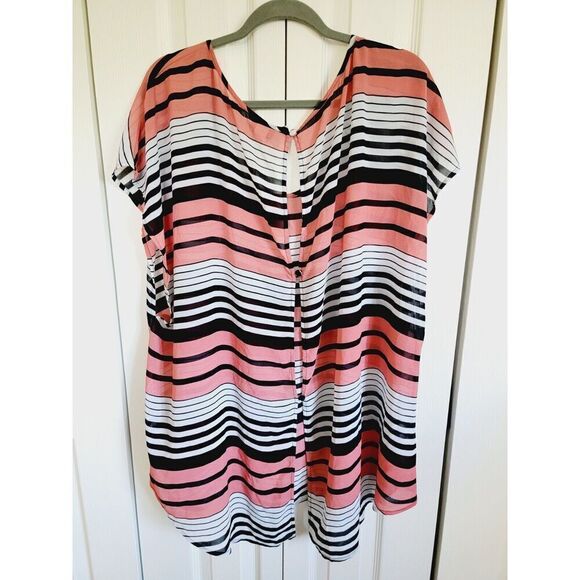 Torrid 4 Blouse Plus 4X Striped Chiffon Pink Black White Back Button Scoop Neck - Picture 2 of 8
